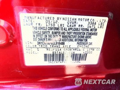 Zdjęcie 12 z 12 samochodu: 2012 NISSAN VERSA 1.6 S VIN:3N1CN7APXCL916486 - miniatura