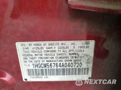 Zdjęcie 12 z 12 samochodu: 2004 HONDA ACCORD EX VIN:1HGCM56764A040720 - miniatura