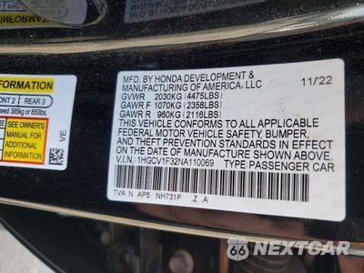 Zdjęcie 12 z 12 samochodu: 2022 HONDA ACCORD SPORT VIN:1HGCV1F32NA110069 - miniatura