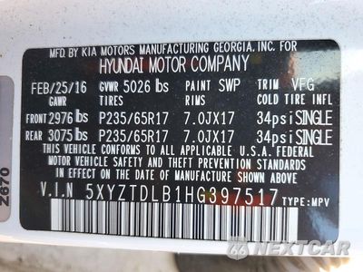 Zdjęcie 13 z 13 samochodu: 2017 HYUNDAI SANTA FE SPORT 2.4L VIN:5XYZTDLB1HG397517 - miniatura