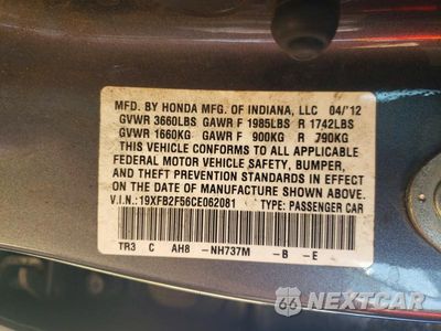 Zdjęcie 12 z 12 samochodu: 2012 HONDA CIVIC VIN:19XFB2F56CE062081 - miniatura