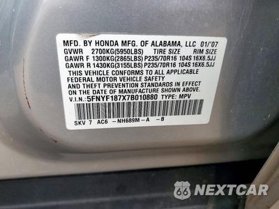 Zdjęcie 13 z 13 samochodu: 2007 HONDA PILOT EXL VIN:5FNYF187X7B010880 - miniatura