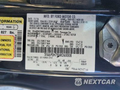 Zdjęcie 12 z 12 samochodu: 2017 FORD FUSION SE VIN:3FA6P0H78HR260008 - miniatura