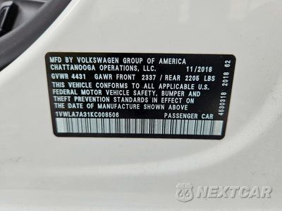 Zdjęcie 12 z 12 samochodu: 2019 VOLKSWAGEN PASSAT WOLFSBURG VIN:1VWLA7A31KC008506 - miniatura