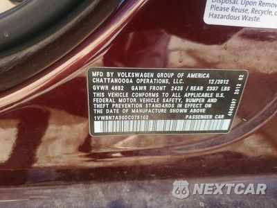 Zdjęcie 13 z 13 samochodu: 2013 VOLKSWAGEN PASSAT SE VIN:1VWBN7A30DC075102 - miniatura