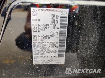 Zdjęcie 13 z 13 samochodu: 2019 NISSAN PATHFINDER SL VIN:5N1DR2MM2KC648761 - miniatura