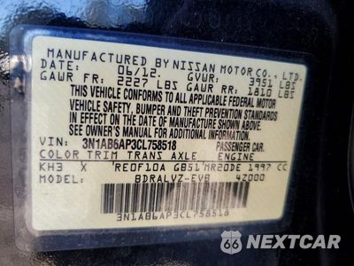 Zdjęcie 12 z 12 samochodu: 2012 NISSAN SENTRA 2.0 VIN:3N1AB6AP3CL758518 - miniatura