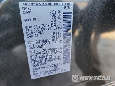 Zdjęcie 13 z 13 samochodu: 2014 NISSAN PATHFINDER SL VIN:5N1AR2MN5EC726532 - miniatura