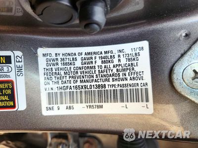 Zdjęcie 12 z 12 samochodu: 2009 HONDA CIVIC LX VIN:1HGFA165X9L013898 - miniatura
