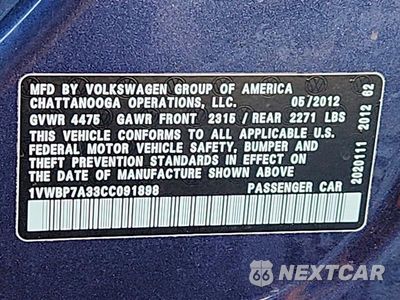 Zdjęcie 23 z 24 samochodu: 2012 VOLKSWAGEN PASSAT SE VIN:1VWBP7A33CC091898 - miniatura
