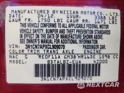 Zdjęcie 12 z 12 samochodu: 2012 NISSAN VERSA 1.6 S VIN:3N1CN7APXCL909070 - miniatura