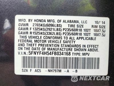 Zdjęcie 14 z 14 samochodu: 2015 HONDA PILOT EXL VIN:5FNYF4H54FB034168 - miniatura