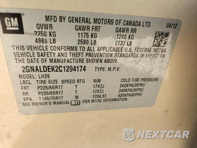 Zdjęcie 13 z 13 samochodu: 2012 CHEVROLET EQUINOX LT VIN:2GNALDEK2C1294174 - miniatura