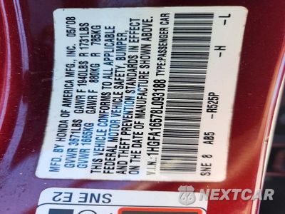 Zdjęcie 12 z 12 samochodu: 2008 HONDA CIVIC LX VIN:1HGFA16578L093188 - miniatura