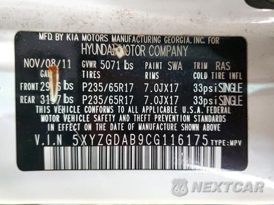 Zdjęcie 13 z 13 samochodu: 2012 HYUNDAI SANTA FE GLS VIN:5XYZGDAB9CG116175 - miniatura