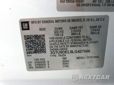 Zdjęcie 12 z 12 samochodu: 2020 GMC SIERRA K1500 SLT VIN:3GTU9DEL0LG427566 - miniatura