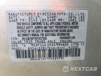 Zdjęcie 12 z 12 samochodu: 2019 NISSAN SENTRA SV VIN:3N1AB7AP7KY437590 - miniatura