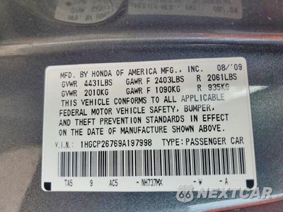 Zdjęcie 12 z 12 samochodu: 2009 HONDA ACCORD EX VIN:1HGCP26769A197998 - miniatura