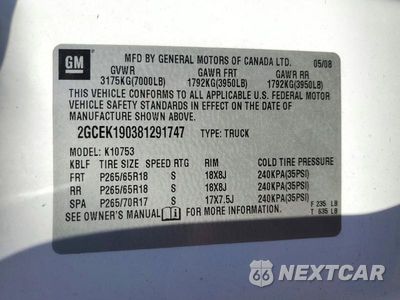 Zdjęcie 12 z 12 samochodu: 2008 CHEVROLET SILVERADO K1500 VIN:2GCEK190381291747 - miniatura