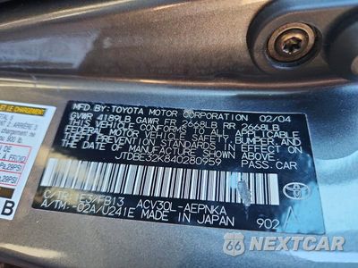 Zdjęcie 12 z 12 samochodu: 2004 TOYOTA CAMRY STANDARD VIN:JTDBE32K840280959 - miniatura