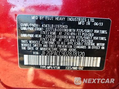 Zdjęcie 13 z 13 samochodu: 2013 SUBARU XV CROSSTREK 2.0 PREMIUM VIN:JF2GPACC9D2878320 - miniatura