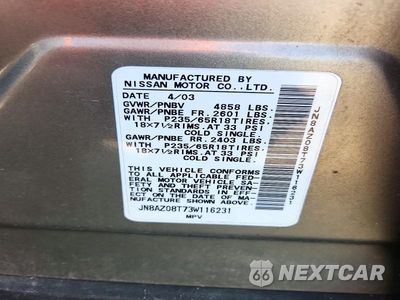 Zdjęcie 12 z 12 samochodu: 2003 NISSAN MURANO SL VIN:JN8AZ08T73W116231 - miniatura