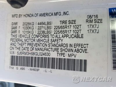 Zdjęcie 13 z 13 samochodu: 2016 HONDA CR-V EX VIN:5J6RM3H58GL024630 - miniatura
