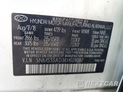 Zdjęcie 14 z 14 samochodu: 2019 HYUNDAI SANTA FE SEL 2.4L VIN:5NMS33AD3KH028087 - miniatura