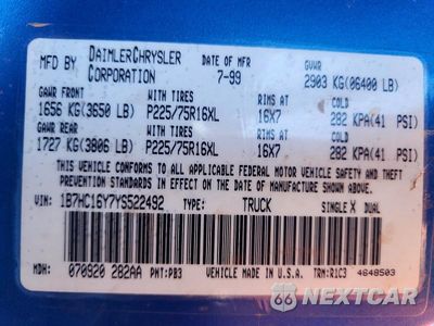 Zdjęcie 12 z 12 samochodu: 2000 DODGE RAM 1500 VIN:1B7HC16Y7YS522492 - miniatura
