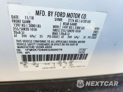 Zdjęcie 14 z 14 samochodu: 2019 FORD EXPLORER XLT VIN:1FM5K7D80KGA69379 - miniatura