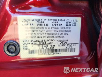 Zdjęcie 12 z 12 samochodu: 2005 NISSAN SENTRA 1.8 VIN:3N1CB51D65L547941 - miniatura