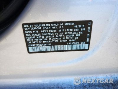 Zdjęcie 12 z 12 samochodu: 2012 VOLKSWAGEN PASSAT S VIN:1VWAP7A38CC063722 - miniatura