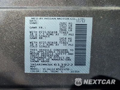 Zdjęcie 13 z 13 samochodu: 2013 NISSAN PATHFINDER S VIN:5N1AR2MN3DC613922 - miniatura