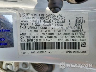 Zdjęcie 12 z 12 samochodu: 2020 HONDA CIVIC SPORT VIN:2HGFC2F82LH595770 - miniatura