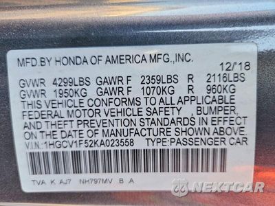 Zdjęcie 12 z 12 samochodu: 2019 HONDA ACCORD EXL VIN:1HGCV1F52KA023558 - miniatura
