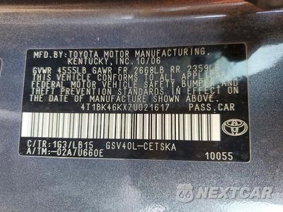 Zdjęcie 12 z 12 samochodu: 2007 TOYOTA CAMRY LE V6 VIN:4T1BK46KX7U021617 - miniatura