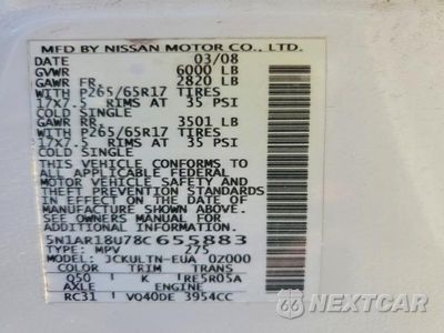 Zdjęcie 14 z 14 samochodu: 2008 NISSAN PATHFINDER S VIN:5N1AR18U78C655883 - miniatura