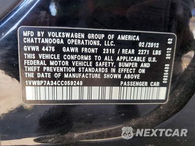 Zdjęcie 12 z 12 samochodu: 2012 VOLKSWAGEN PASSAT SE VIN:1VWBP7A34CC059249 - miniatura