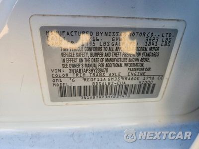 Zdjęcie 13 z 13 samochodu: 2017 NISSAN SENTRA S VIN:3N1AB7AP3HY239470 - miniatura