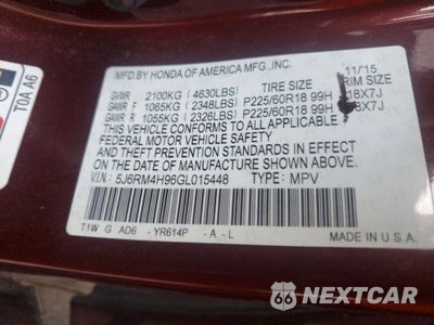 Zdjęcie 13 z 13 samochodu: 2016 HONDA CR-V TOURING VIN:5J6RM4H96GL015448 - miniatura