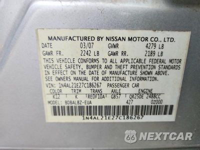 Zdjęcie 12 z 12 samochodu: 2007 NISSAN ALTIMA 2.5 VIN:1N4AL21E27C186267 - miniatura