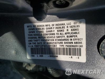 Zdjęcie 12 z 12 samochodu: 2020 HONDA CIVIC LX VIN:19XFC2F62LE011361 - miniatura