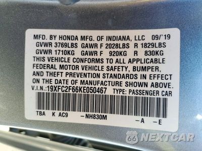 Zdjęcie 12 z 12 samochodu: 2019 HONDA CIVIC LX VIN:19XFC2F66KE050467 - miniatura