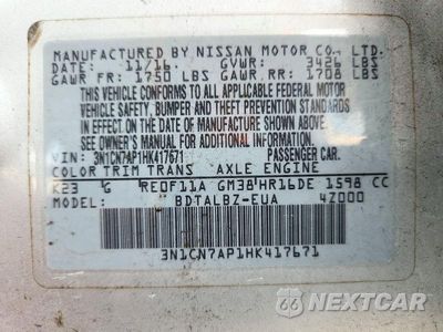 Zdjęcie 12 z 12 samochodu: 2017 NISSAN VERSA 1.6 SV VIN:3N1CN7AP1HK417671 - miniatura