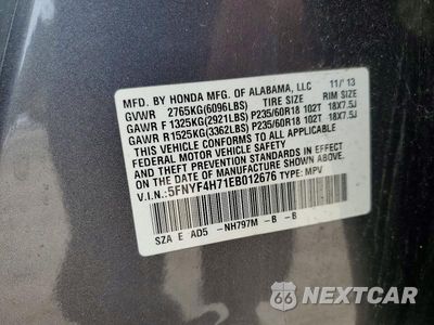Zdjęcie 13 z 13 samochodu: 2014 HONDA PILOT EXLN VIN:5FNYF4H71EB012676 - miniatura