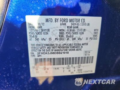 Zdjęcie 12 z 12 samochodu: 2013 FORD EDGE SEL VIN:2FMDK3J98DBB21918 - miniatura