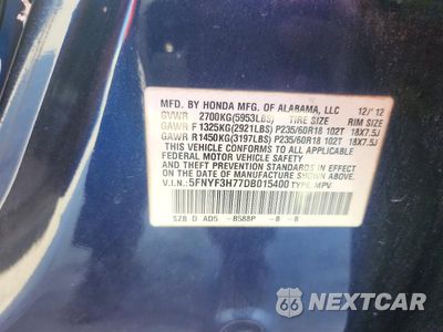 Zdjęcie 14 z 14 samochodu: 2013 HONDA PILOT EXLN VIN:5FNYF3H77DB015400 - miniatura