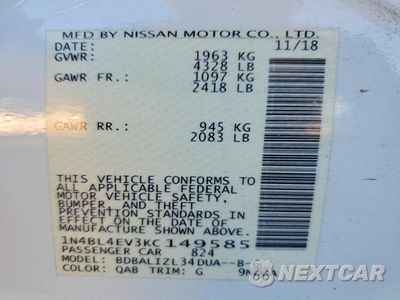 Zdjęcie 12 z 12 samochodu: 2019 NISSAN ALTIMA SL VIN:1N4BL4EV3KC149585 - miniatura