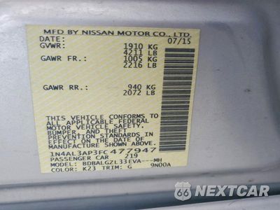Zdjęcie 12 z 12 samochodu: 2015 NISSAN ALTIMA 2.5 S VIN:1N4AL3AP3FC477947 - miniatura