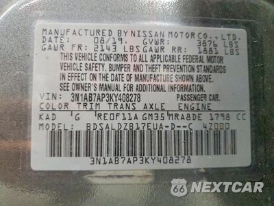 Zdjęcie 12 z 12 samochodu: 2019 NISSAN SENTRA SV VIN:3N1AB7AP3KY408278 - miniatura